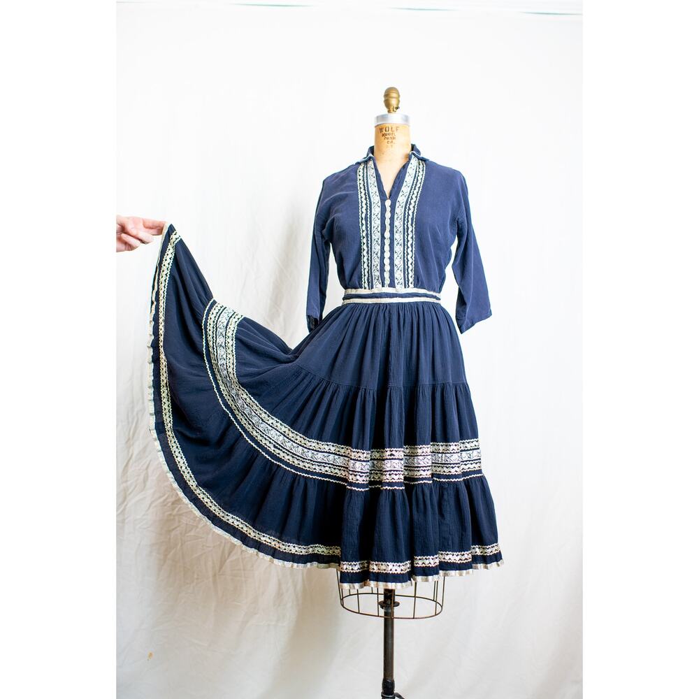 Vintage 50s Mexican Circle Skirt Blouse Set, Cotton Gauze, Black Gold Fiesta, S